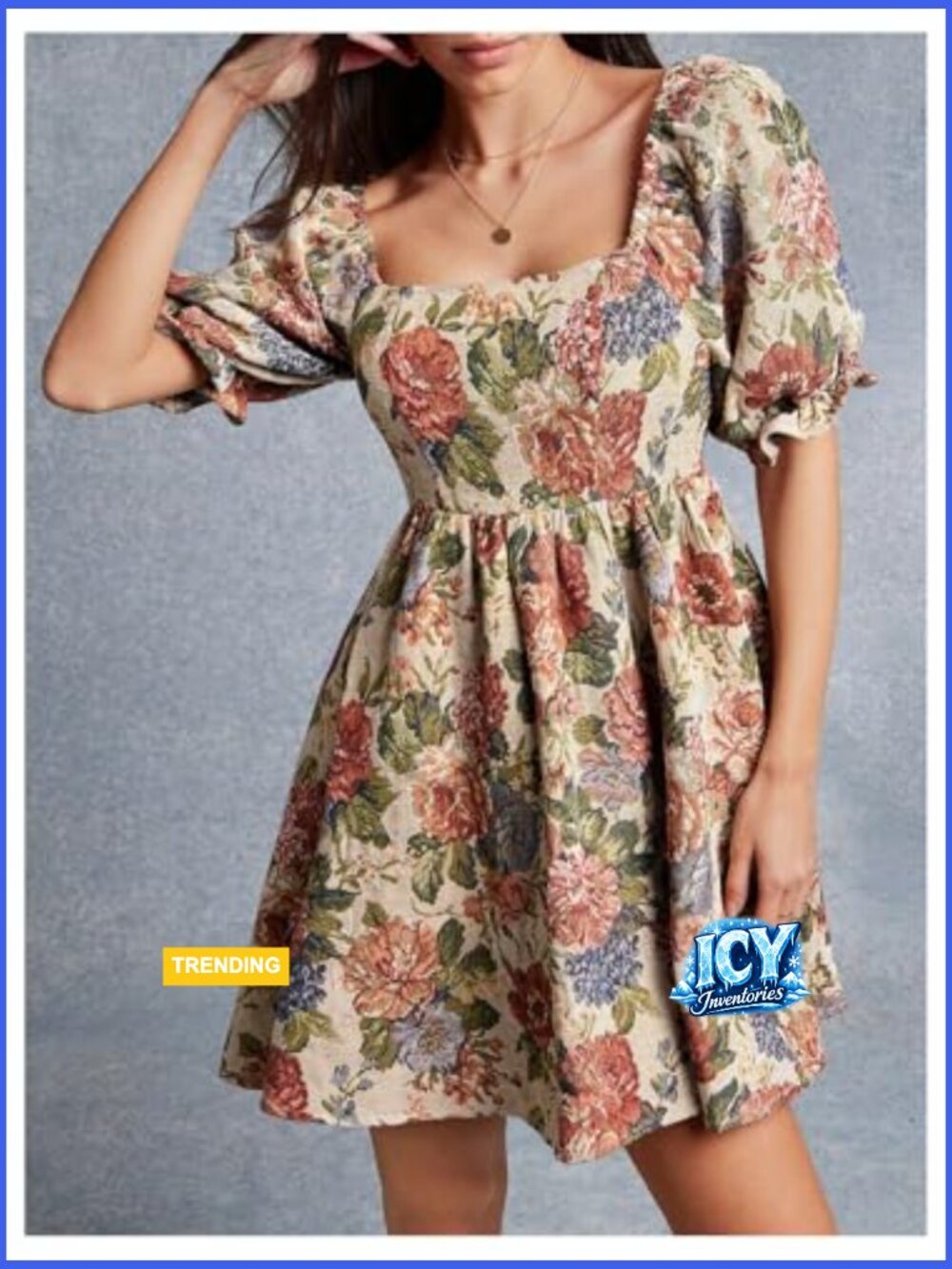 Women's Floral Square Neck Ruffle Short Dress Puff Sleeve Smocked A-Line - Picture 4 of 5